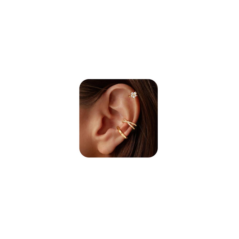 Carffordo 3Pcs Ear Cuffs Non Piercing for Women - Trendy 14K Gold Plated Cuffs Earrings with Cubic Zirconia - Dainty Clip On Cartilage Earring Flower Jewelry - Image 1