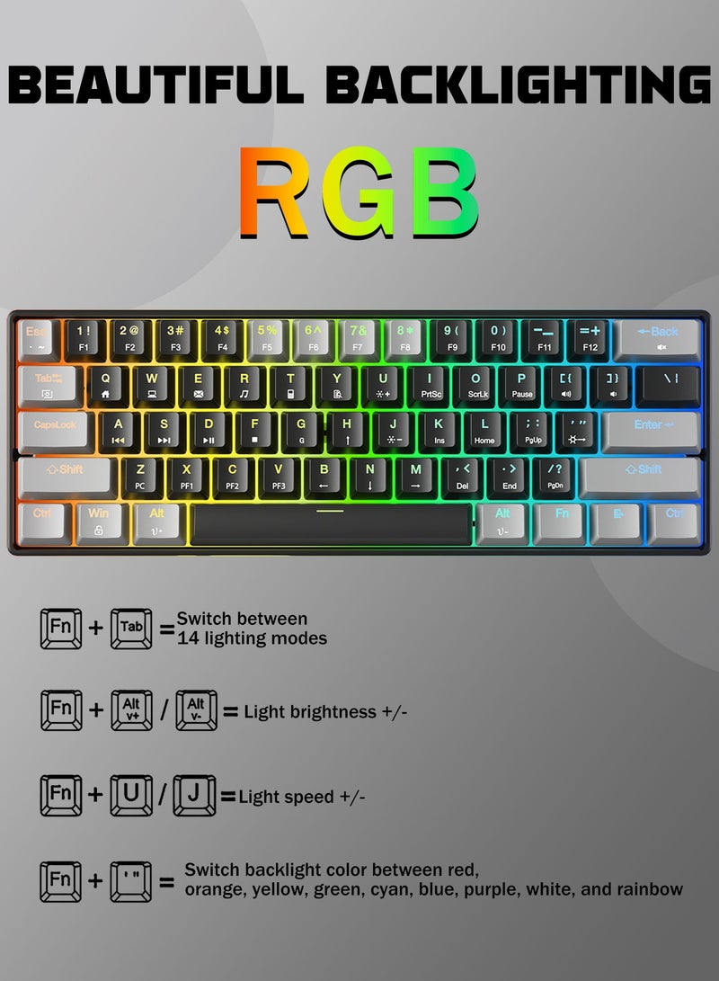 HUO JI Portable 60% Mechanical Gaming Keyboard,  RGB Backlit Compact 61 Keys Mini Wired Office Keyboard with Red Switch for Windows Laptop PC Mac - Black/Grey  - Image 5