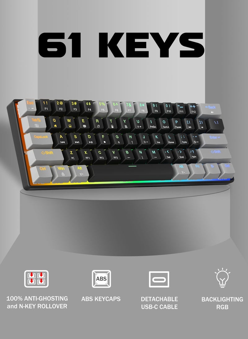 HUO JI Portable 60% Mechanical Gaming Keyboard,  RGB Backlit Compact 61 Keys Mini Wired Office Keyboard with Red Switch for Windows Laptop PC Mac - Black/Grey  - Image 2