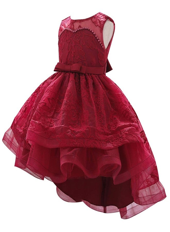 MYRISAM Baby Girls Flower Lace Embroidery High Low Dress 1st Birthday Christening Party Wedding Pageant Baptism Tutu Gown Deep Red 9-12M - Image 1