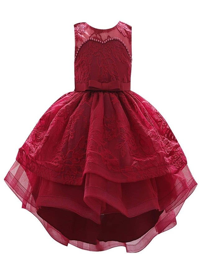 MYRISAM Baby Girls Flower Lace Embroidery High Low Dress 1st Birthday Christening Party Wedding Pageant Baptism Tutu Gown Deep Red 9-12M - Image 2