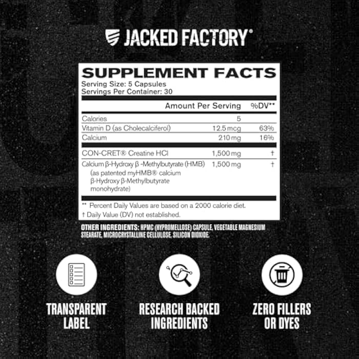 Jacked Factory Creatine HCL + HMB Capsules - Synergistic CON-CRET, myHMB, & Vitamin D Formula for Improved Growth, Strength, & Reduced Muscle Breakdown - 150 Capsules - Image 4