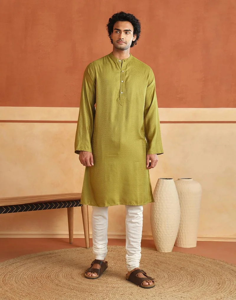 فاب انديا Green Viscose Blend Slim Fit Dobby Long Kurta