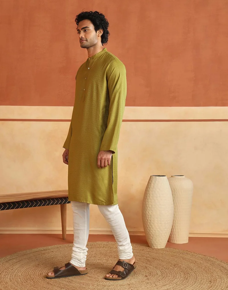 Fabindia  Green Viscose Blend Slim Fit Dobby Long Kurta for Men | Best Price UAE