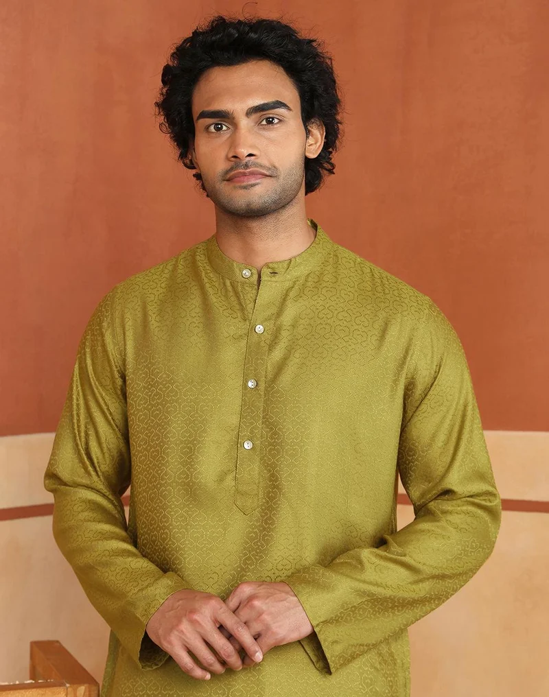 Fabindia  Green Viscose Blend Slim Fit Dobby Long Kurta for Men | Best Price UAE