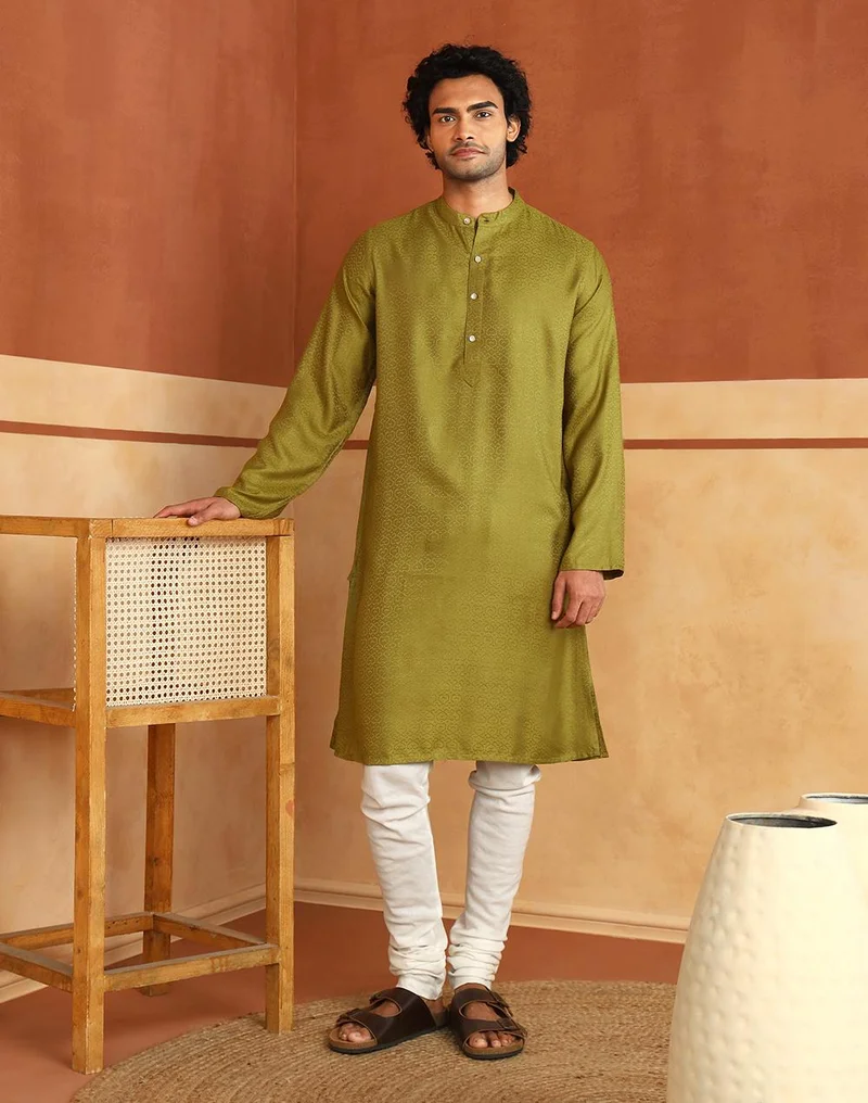 فاب انديا Green Viscose Blend Slim Fit Dobby Long Kurta