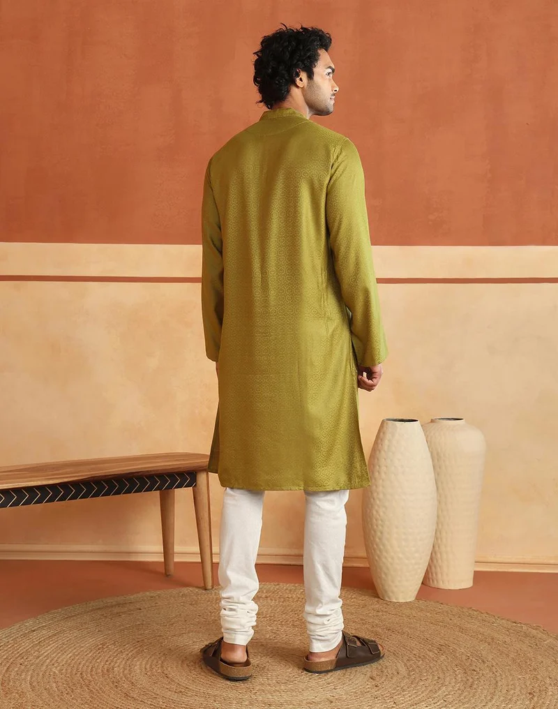 Fabindia  Green Viscose Blend Slim Fit Dobby Long Kurta for Men | Best Price UAE