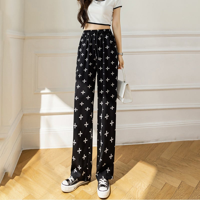 Ice Silk Wide Leg Pants Womens Summer Thin New Chinese Ink National Style Cool Sun Protection Pants High Waist Casual Pants Trousers four-leaf flower