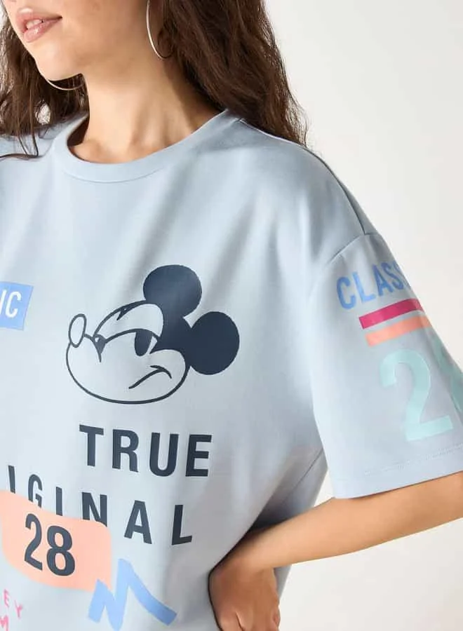 SP Characters Mickey Mouse Print Crew Neck T-shirt with Short Sleeves