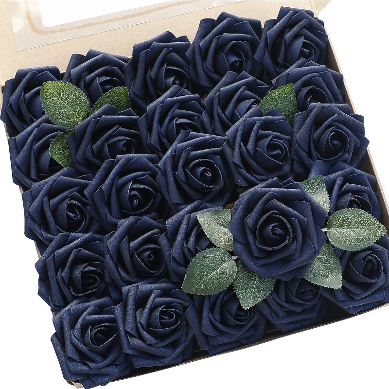 Floroom Artificial Flowers 50pcs Real Looking Navy Blue Foam Fake Roses with Stems for DIY Wedding Bouquets Bridal Shower Centerpieces Floral Arrangements Party Tables Home Decorations