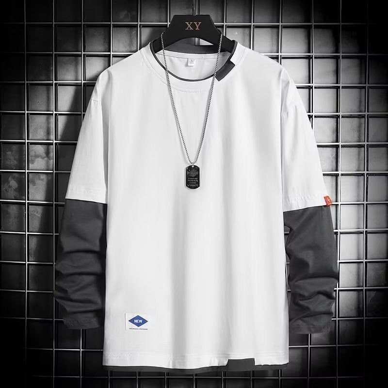 Fake Two-Piece Bottoming Shirt Men's T-Shirt Summer Long-Sleeved 2022 Trendy Ins Sweater Loose All-Match Top Clothes - Image 1