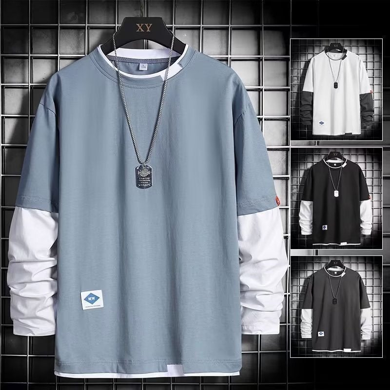 Fake Two-Piece Bottoming Shirt Men's T-Shirt Summer Long-Sleeved 2022 Trendy Ins Sweater Loose All-Match Top Clothes - Image 2