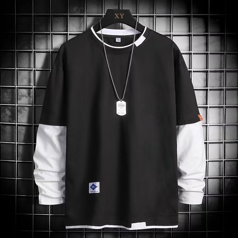 Fake Two-Piece Bottoming Shirt Men's T-Shirt Summer Long-Sleeved 2022 Trendy Ins Sweater Loose All-Match Top Clothes - Image 4