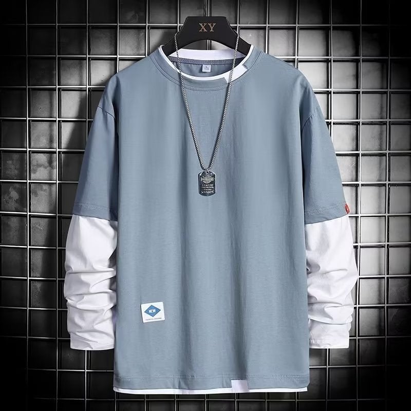 Fake Two-Piece Bottoming Shirt Men's T-Shirt Summer Long-Sleeved 2022 Trendy Ins Sweater Loose All-Match Top Clothes - Image 5