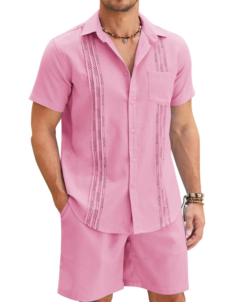COOFANDY COOFANDY Men 2 Piece Linen Set Short Sleeve Cuban Sets Summer Beach Shirt and Shorts (Pink, Large)  - Image 1