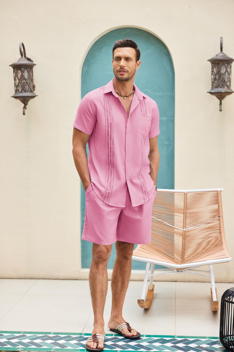 COOFANDY COOFANDY Men 2 Piece Linen Set Short Sleeve Cuban Sets Summer Beach Shirt and Shorts (Pink, Large)  - Image 4