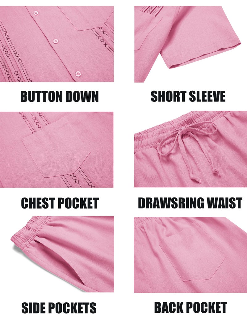 COOFANDY COOFANDY Men 2 Piece Linen Set Short Sleeve Cuban Sets Summer Beach Shirt and Shorts (Pink, Large)  - Image 5