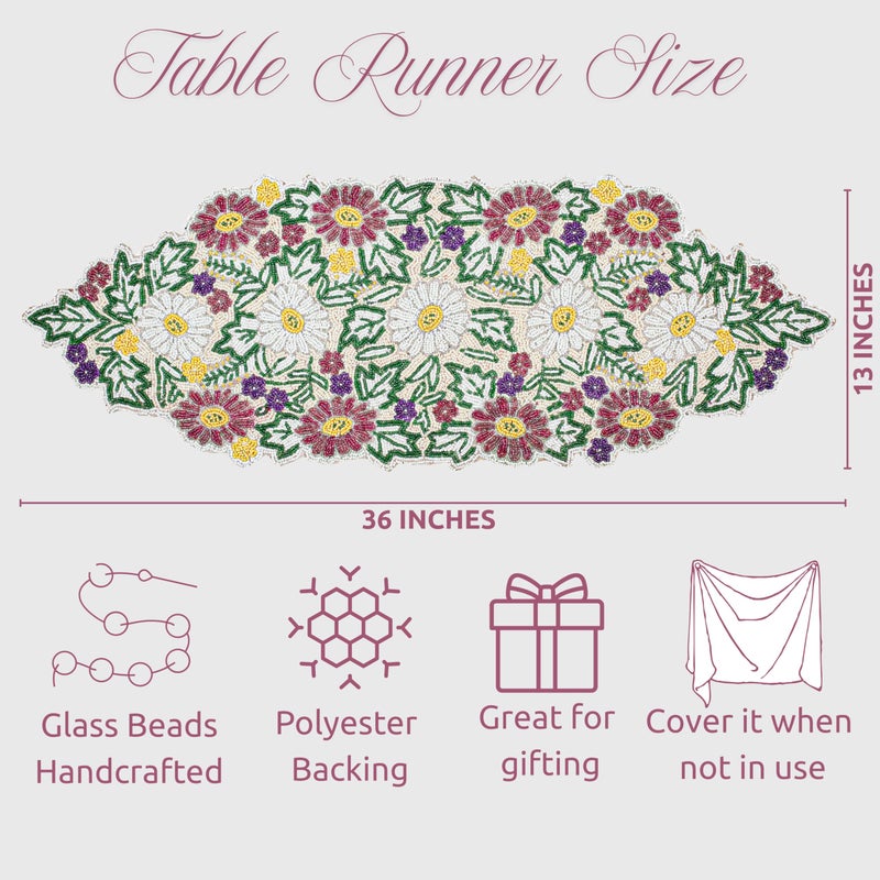 CLEENTABLE Luxury Beaded Table Runner - 13x36 Inches Handcrafted Spring Floral Design with Glass Beads & Polyester Back - Elegant Table Decor for Dining, Coffee Table & Events (Multi) - Image 4