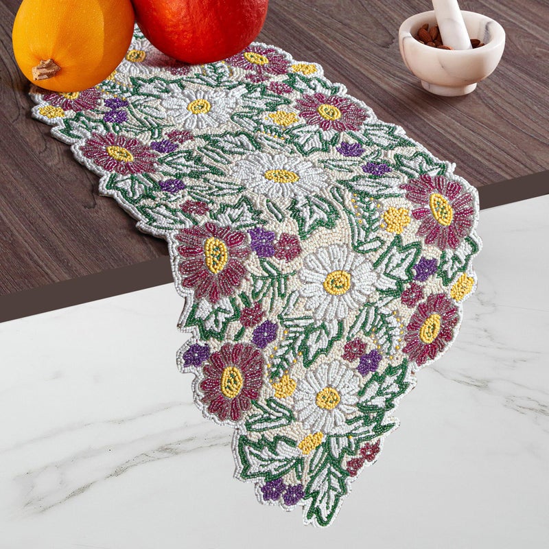 CLEENTABLE Luxury Beaded Table Runner - 13x36 Inches Handcrafted Spring Floral Design with Glass Beads & Polyester Back - Elegant Table Decor for Dining, Coffee Table & Events (Multi) - Image 3