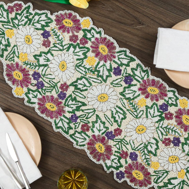 CLEENTABLE Luxury Beaded Table Runner - 13x36 Inches Handcrafted Spring Floral Design with Glass Beads & Polyester Back - Elegant Table Decor for Dining, Coffee Table & Events (Multi) - Image 2