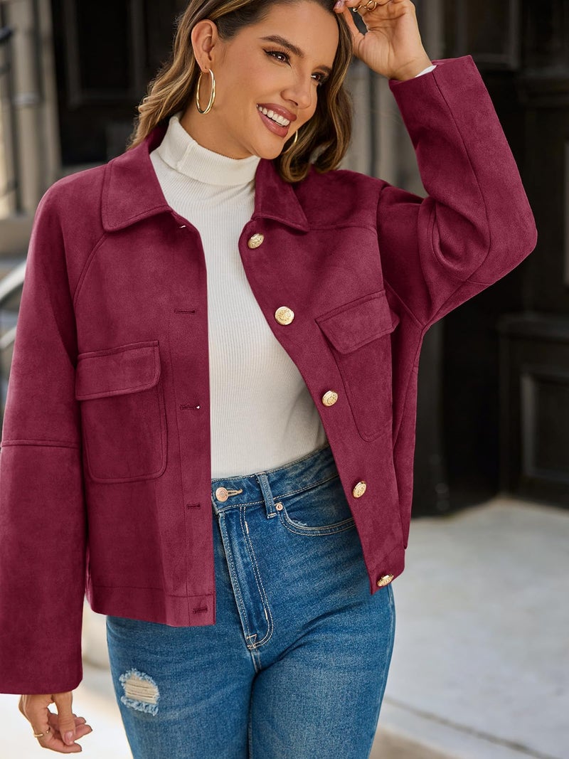 Cicy Bell Womens Faux Suede Leather Jackets Oversized Cropped Casual Lapel Collar Button Down Spring Vintage Shackets - Image 2