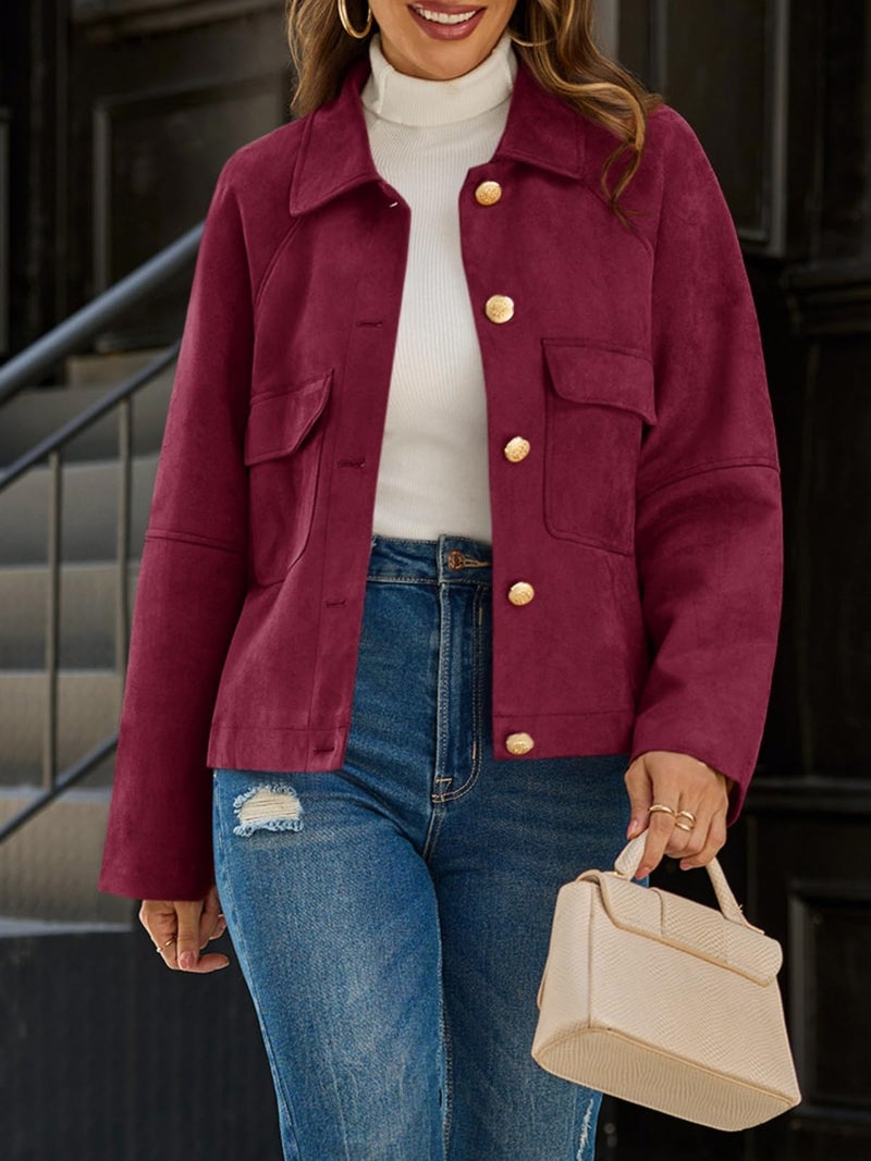 Cicy Bell Womens Faux Suede Leather Jackets Oversized Cropped Casual Lapel Collar Button Down Spring Vintage Shackets - Image 5