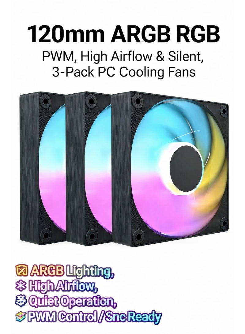 باور مجموعة من 3 مراوح تبريد لجهاز الكمبيوتر مقاس 120 مم بتقنية ARGB RGB PWM - مراوح تبريد صامتة عالية التدفق الهوائي للهيكل والمبردات مع مزامنة 5 فولت ثلاثية الأطراف. - Image 1
