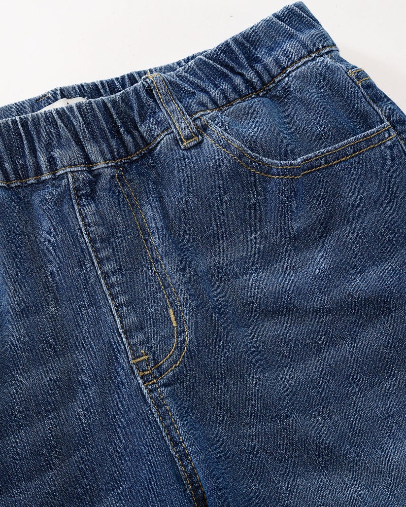 luvamia Jean Shorts for Women Trendy Pull On Mid Rise Elastic Waist Summer Casual Stretchy Long Denim Walking Shorts Indigo Classic Blue Size Large Fits US 12-14 - Image 4