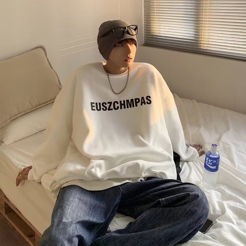 Crewneck Sweater Mens oversize Niche High Street American Style Autumn and Winter Fleece-Lined Thickened Winter Hat-Free Trendy Instagram Brand White