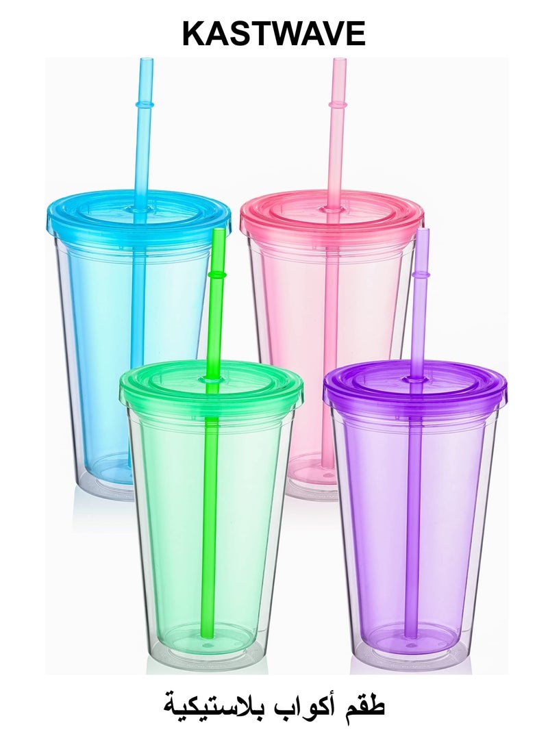 KASTWAVE Reusable Transparent Plastic Cup Set, 4 Colored Insulated Double Wall Plastic Tumbler with Lids and Straws, Clear Plastic Tumblers Bulk for Coffee Drinks Milk Tea Juice (16 oz, 4 Pieces) - Image 1