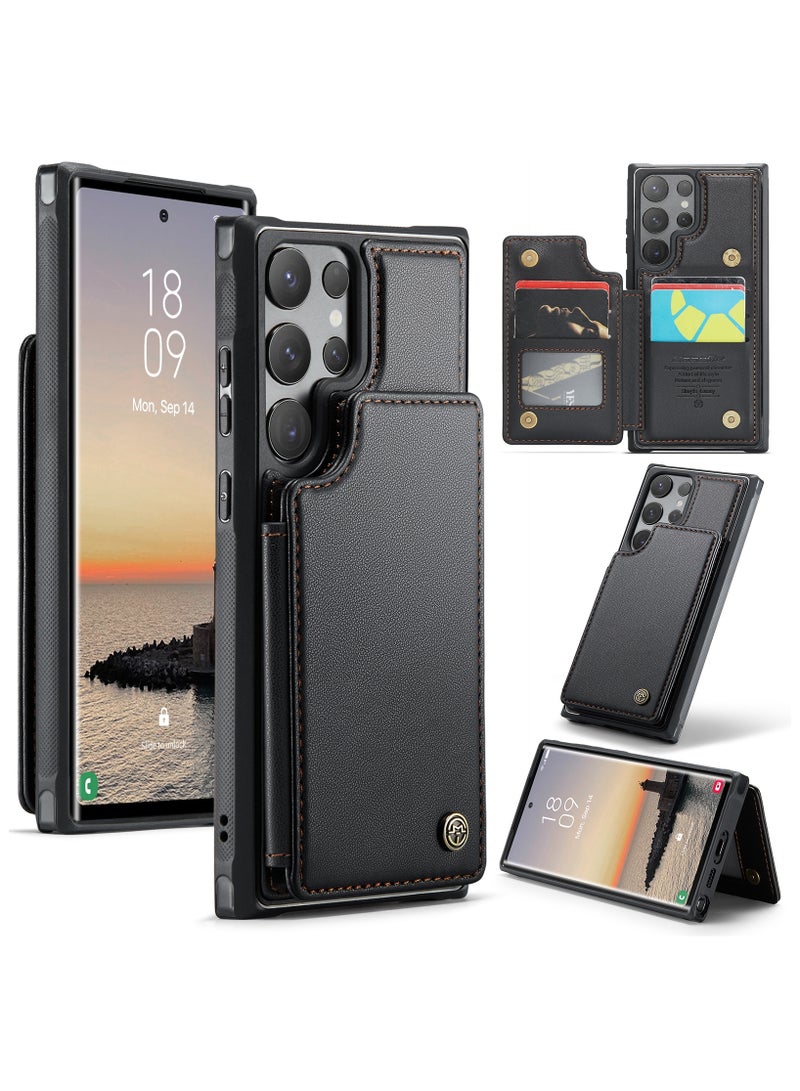CaseMe Wallet Case for Samsung Galaxy S24 Ultra , Premium Handmade Durable PU Leather Slim Shockproof Case with [Double Magnetic Clasp] [Card Holder] [Kickstand] [RFID Blocking] (Black) - Image 1