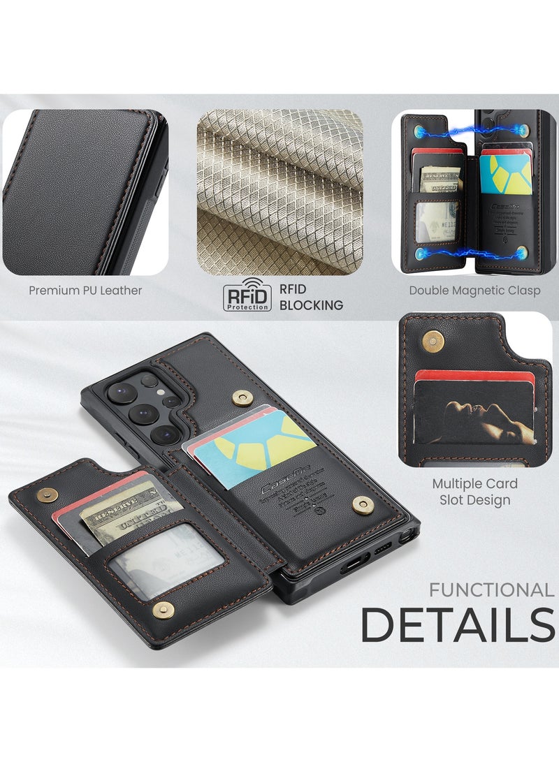 CaseMe Wallet Case for Samsung Galaxy S24 Ultra , Premium Handmade Durable PU Leather Slim Shockproof Case with [Double Magnetic Clasp] [Card Holder] [Kickstand] [RFID Blocking] (Black) - Image 3