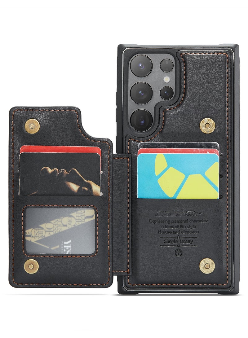 CaseMe Wallet Case for Samsung Galaxy S24 Ultra , Premium Handmade Durable PU Leather Slim Shockproof Case with [Double Magnetic Clasp] [Card Holder] [Kickstand] [RFID Blocking] (Black) - Image 4