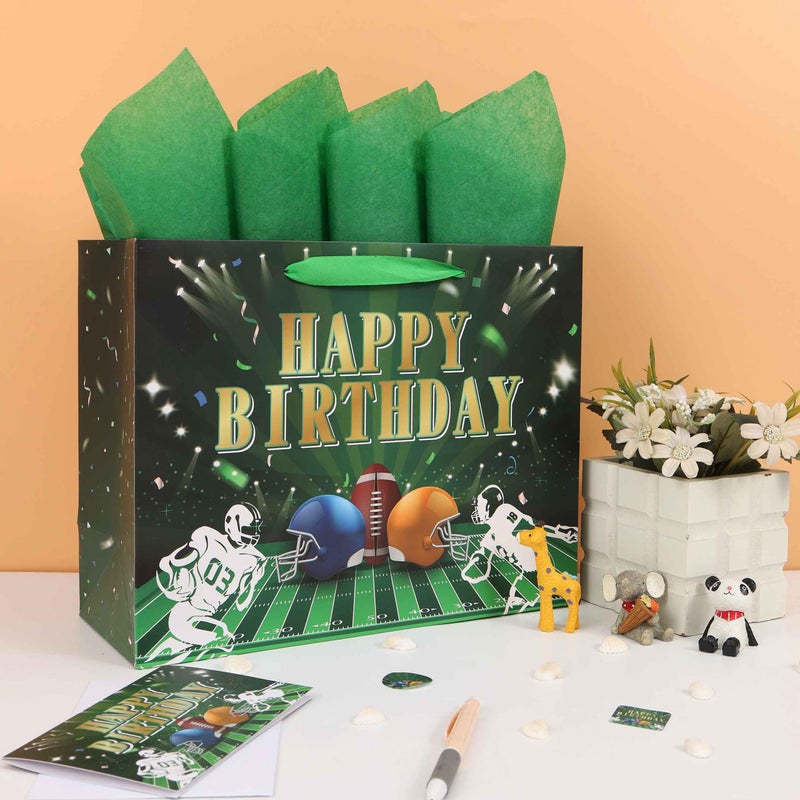 Qirrmiy 13  Large Football-Themed Birthday Gift Bag Set With Handles  Greeting Card  Green Tissue Papers And Stickers For Men Boys Kids Teens  Football Fan Design  1 Pcs. - Image 5