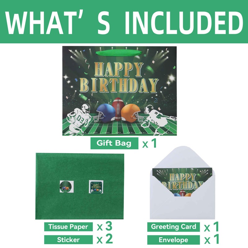 Qirrmiy 13  Large Football-Themed Birthday Gift Bag Set With Handles  Greeting Card  Green Tissue Papers And Stickers For Men Boys Kids Teens  Football Fan Design  1 Pcs. - Image 3