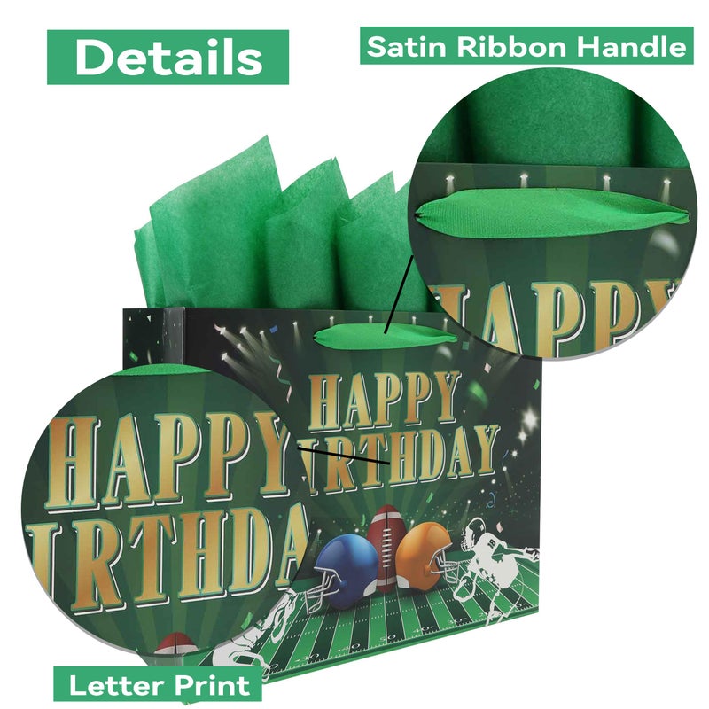 Qirrmiy 13  Large Football-Themed Birthday Gift Bag Set With Handles  Greeting Card  Green Tissue Papers And Stickers For Men Boys Kids Teens  Football Fan Design  1 Pcs. - Image 4