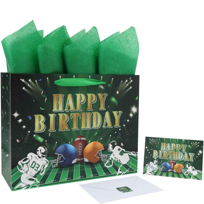 Qirrmiy 13  Large Football-Themed Birthday Gift Bag Set With Handles  Greeting Card  Green Tissue Papers And Stickers For Men Boys Kids Teens  Football Fan Design  1 Pcs. - Image 1
