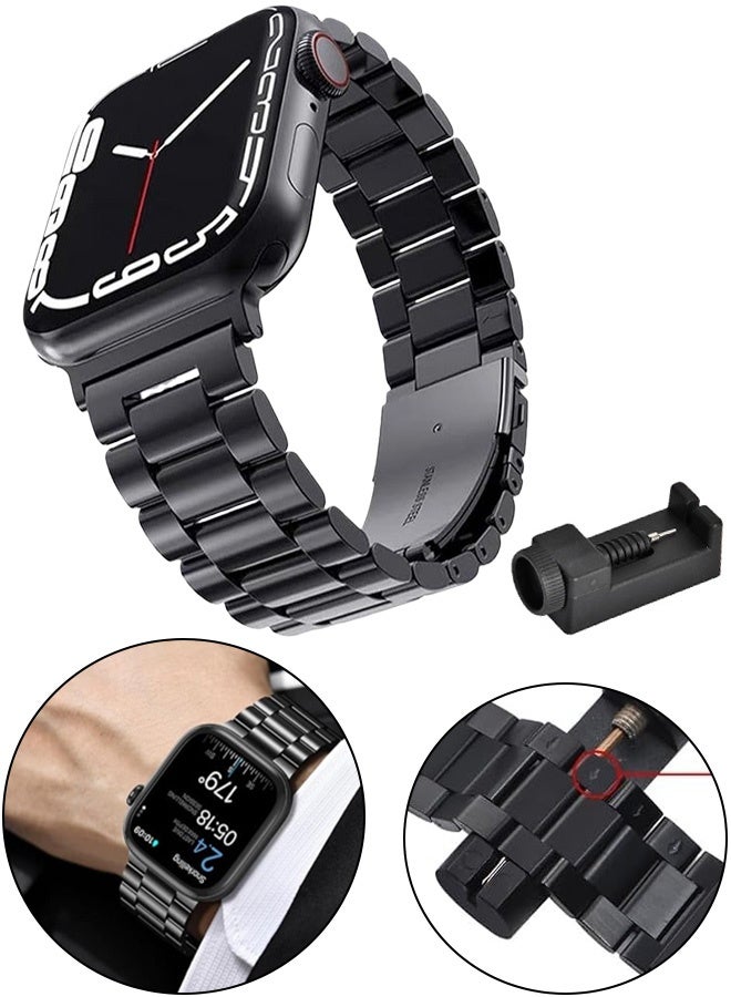 سوار من الفولاذ المقاوم للصدأ مع أداة قابلة للتعديل لساعة Apple Watch 42 44 45 46 49 مم متوافق مع Ultra 2 Ultra SE Series 9 8 7 6 5 4 3 2 1، تصميم أسود أنيق للرجال والنساء للاجتماعات المكتبية وتجمعات العيد والاستخدام اليومي - Image 1