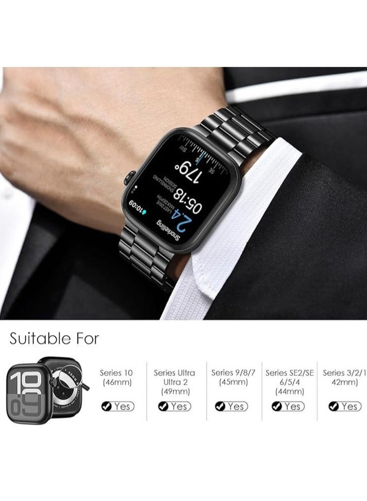 سوار من الفولاذ المقاوم للصدأ مع أداة قابلة للتعديل لساعة Apple Watch 42 44 45 46 49 مم متوافق مع Ultra 2 Ultra SE Series 9 8 7 6 5 4 3 2 1، تصميم أسود أنيق للرجال والنساء للاجتماعات المكتبية وتجمعات العيد والاستخدام اليومي - Image 2