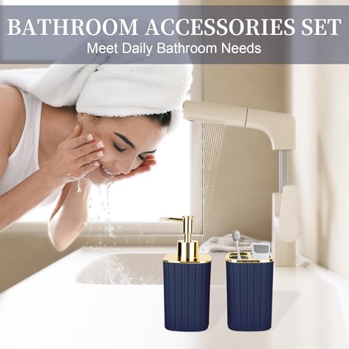RRM 2PCS Bathroom Accessories Set, Navy Blue Bathroom Accessories Include Soap Dispenser and Toothbrush Holder for Boho Bathroom Decor - Image 2