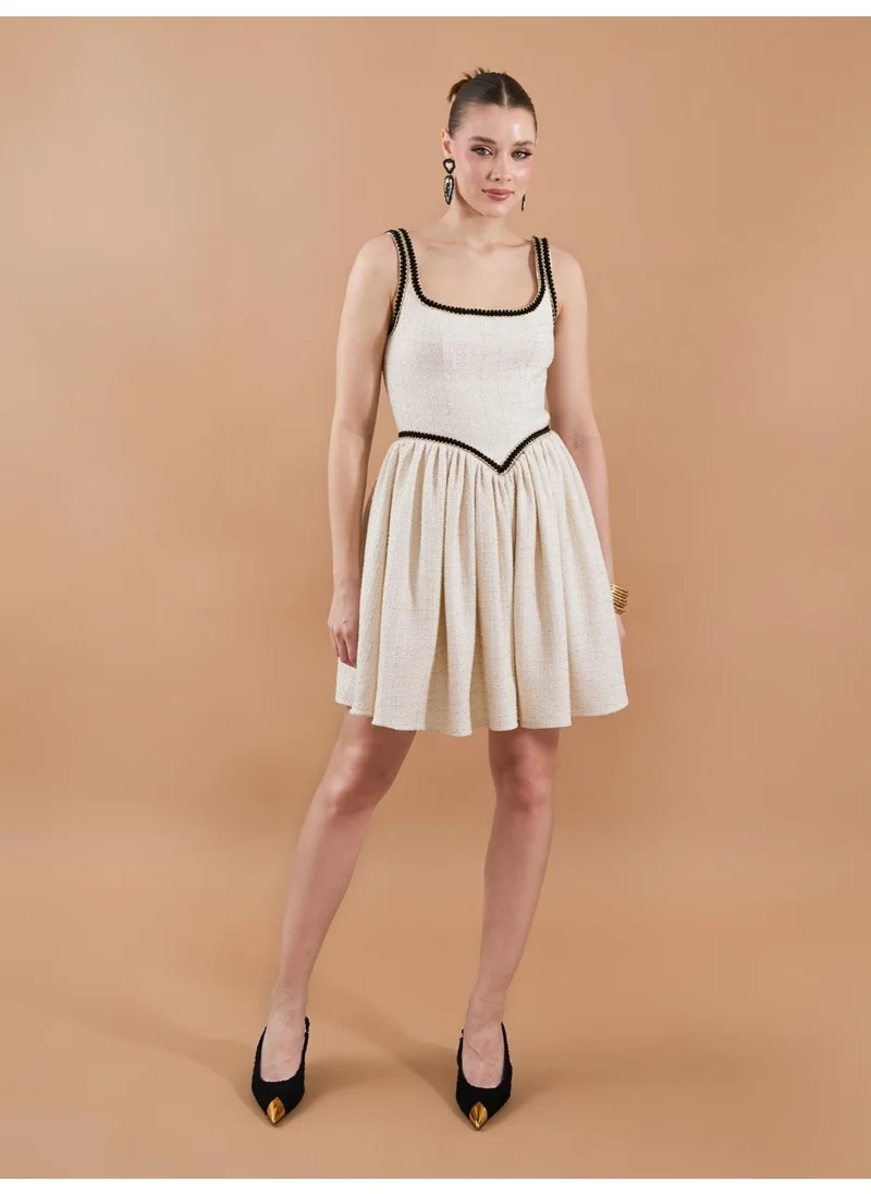 Juste Tweed Strap Stripe Detail Mini Dress Beige