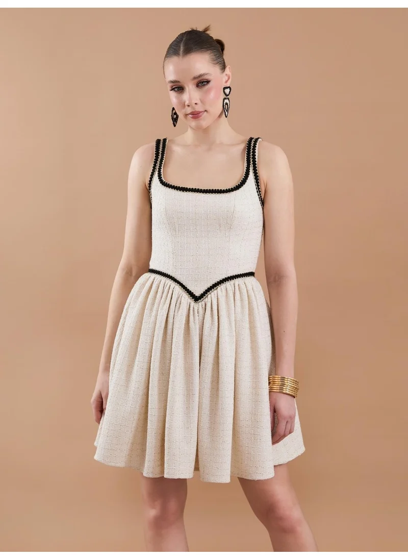 Juste Tweed Strap Stripe Detail Mini Dress Beige