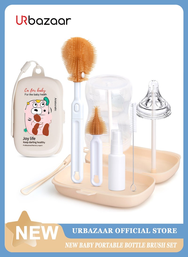URbazaar 6 In 1 Baby Bottle Cleaner Kit With Silicone Brush, Nipple Brush, Straw Brush, Drying Rack (Beige Dinosaur) - Image 1