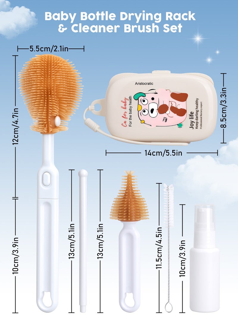 URbazaar 6 In 1 Baby Bottle Cleaner Kit With Silicone Brush, Nipple Brush, Straw Brush, Drying Rack (Beige Dinosaur) - Image 2