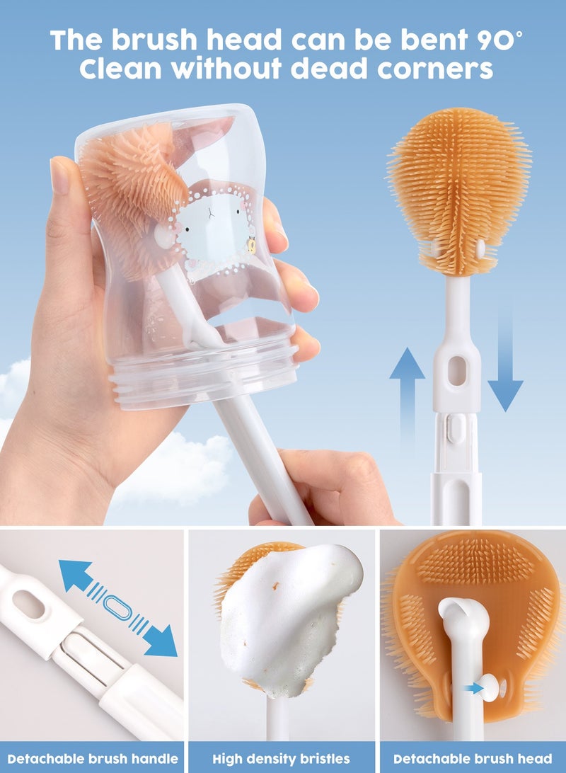 URbazaar 6 In 1 Baby Bottle Cleaner Kit With Silicone Brush, Nipple Brush, Straw Brush, Drying Rack (Beige Dinosaur) - Image 3