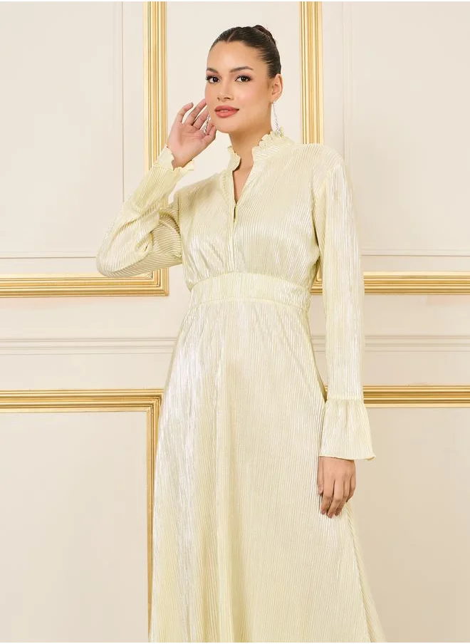 Styli Plisse Ruffle Trim Notch Neck A-Line Midi Dress