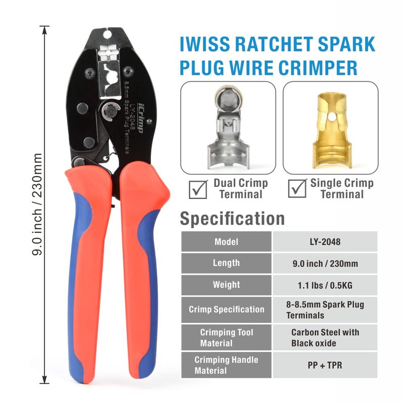 IWISS iCrimp Spark Plug Wire Crimper, Ratchet Wire Crimping and Stripping Tool for Spark Plug Ignition Wire and Terminals Dia. 7.0-8.5mm - Image 2