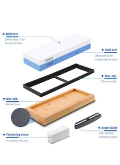Aideli Double-Sided #1000/#6000 Knife Sharpening Stone Non-slip Whetstone Rubber Base Bamboo Non-slip Base with Non-slip Silicon Base Flattening Guide Angle Guide  - Image 2