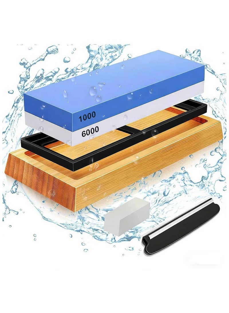 أديلي حجر سن السكاكين ذو الوجهين رقم 1000/1000/رقم 6000 حجر سن السكاكين غير قابل للانزلاق قاعدة مطاطية قاعدة من الخيزران غير قابلة للانزلاق مع قاعدة من السيليكون غير قابلة للانزلاق دليل تسطيح الزاوية - Image 1