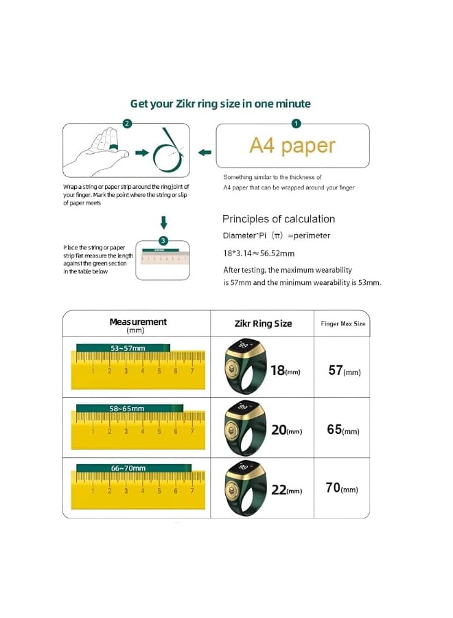 20mm Zikr Ring Smart Ring with Vibration Reminder Tasbih Counter and Bluetooth Connection for Exclusive IQIBLA App and 5 Daily Prayer Reminders Green - Image 4